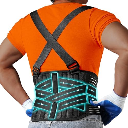 Plus Size Work Back Brace with 2 Removable Suspender Shoulder Straps for Heavy Lifting Safety - Back Posture Corrector Support Belt for Men Women in Construction, Warehouse Jobs 2XL/3XL