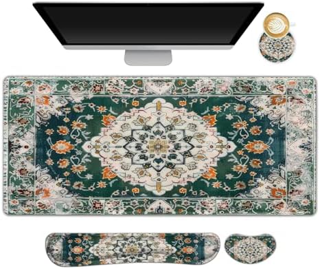 AIMSA Desk Mat Set, Large Mouse Pad + Mouse Wrist Rest + Keyboard Wrist Support + Coaster, 4in1 Rug Gaming Mouse Pad Combo for Home Office, Retro Boho Art