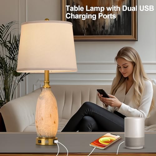 AIDENOEY 26" Modern Art Glass Table & Bedside Lamp, Stepless Dimmable Base + Dimmable 3-Color Light, USB A/C Charging Ports, Touch Control & Switch for Bedroom, Living Room, Office, Study