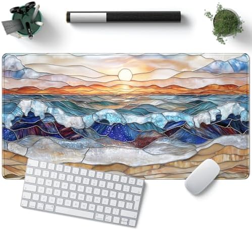 Mountain Sunrise Gaming Mouse Pad Large Desk Mat Extended Mouse and Keyboard Pad, Faux Stained Glass Nature Mousepad with Stitched Edge Mouse Desk Pad Computer Mat Soft Aesthetic Decor 31.5 X 15.7 in