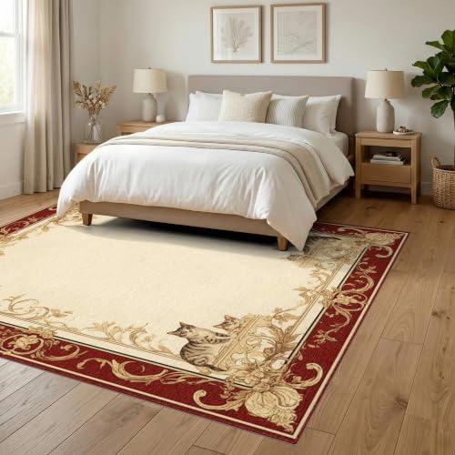 6'x9' Ivory Cat Crimson Motif with Swirls Washable Area Rug