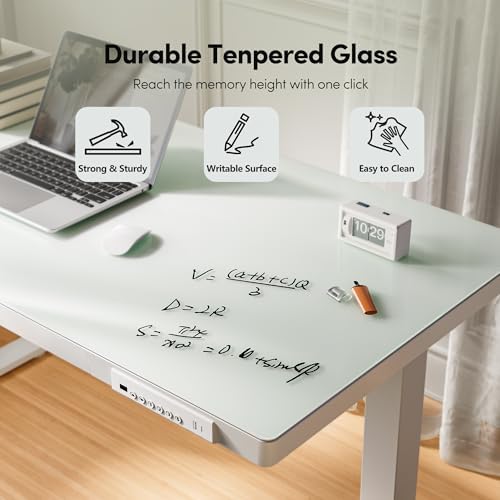 FEZIBO 48 Inch One-Piece Standing Desk with Glass Top and Drawer, White