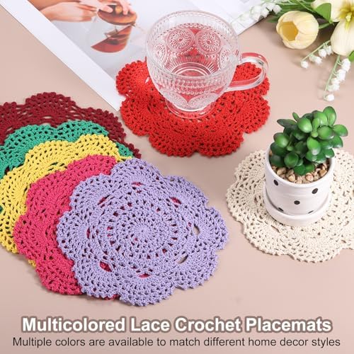 uxcell 6 Pcs Crochet Handmade Cotton Placemat Doilies for Table 7.9" Beige