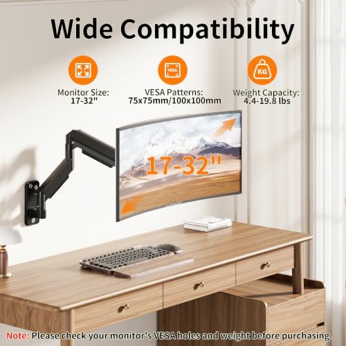 Single Monitor Wall Mount Monitor Arm, Fit 17-32" VESA 75/100mm