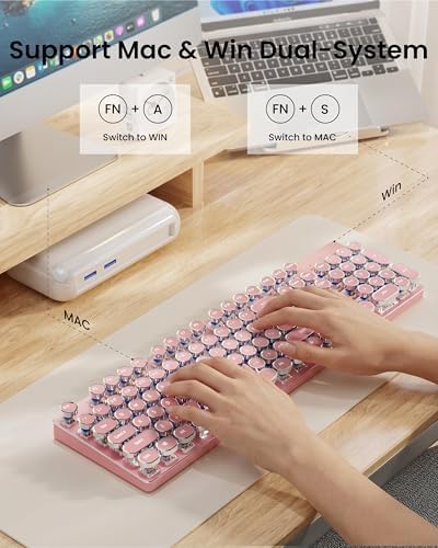 Wireless Typewriter Style Mechanical Keyboard with White Backlit, Pink