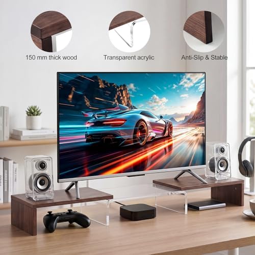 High-Clarity Dual Monitor Riser, Acrylic Monitor Riser, Adjustable Angle & Length Computer Monitor Stand, Wide Desk Shelf for Top of Desk for Home Office_Walnut Look Small