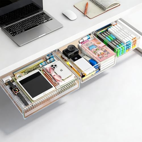3 Pack Under Desk Drawer Slide Out Storage Organizer, Clear White 3 Sizes (S/M/L), Dual-Mount Hidden Table Tray for Tablets, Planners & Office Supplies