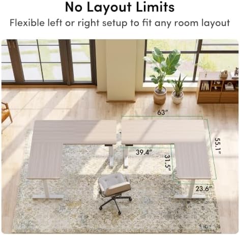 FEZIBO 63" x 55"L Shaped Standing Desk Adjustable Height, Electric Stand up Corner Computer Desk, Sit Stand Home Office Desk with Splice Board, Light Walnut Top/White Frame