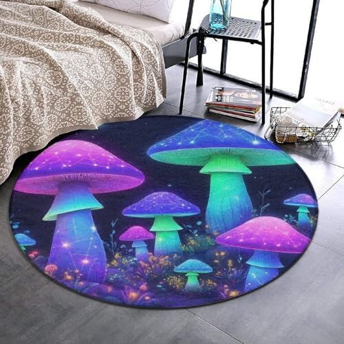 Women's Large Home Decor Mat, Soft Round Yoga Carpet, Non Slip Machine Washable Home Office Circle Rug Neon Mushrooms