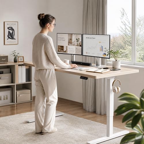 Grandder 47x32 Large Electric Standing Desk, Height Adjustable Computer Desk with 2 Memory Presets, 31.5" Deep Desktop Sit Stand Desk Home Office Desk Workstation Table with Hooks, Light Walnut