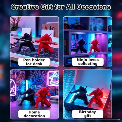 3D Printed Ninja Pen Holder, 2 Pcs Black Ninja Warrior Samurai Desk Organizer with Sword, Creative Sculpture Pencil Holder, Unique Gift for Office Home Classroom (2pcs-red and blue)