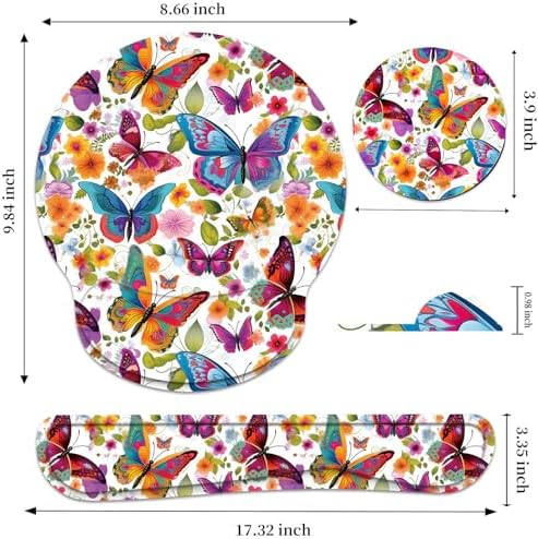 Keyboard Wrist Rest and Mouse Pad Wrist Support Set with Coaster,Ergonomic Mouse Pad,Comfortable for Easy Typing, Pain Relief,Memory Foam Keyboard Pad Set for Laptop Mac,Colorful Butterfly and Flower