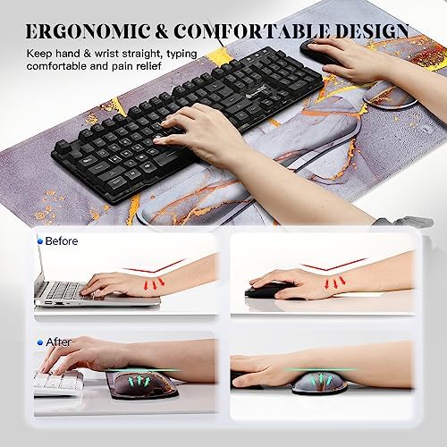 Gimars 4 in 1 Mouse Pad and Keyboard Wrist Rest Set, Large Mouse Pad with Memory Foam Wrist Support Pad for Desk with Coaster, Easy Typing Pain Relief, Gaming Office Home, 31.5x12 inch, Gray Golden