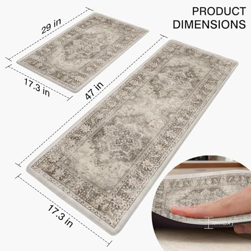 Anti-Fatigue Kitchen Rug, 2PCs, 17.3"x47"+17.3"x29", Gray & White