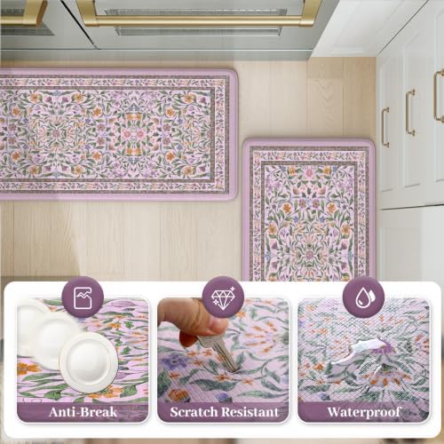KIMODE Anti Fatigue Kitchen Mat,Cushioned Boho Flower Kitchen Rug Sets of 2