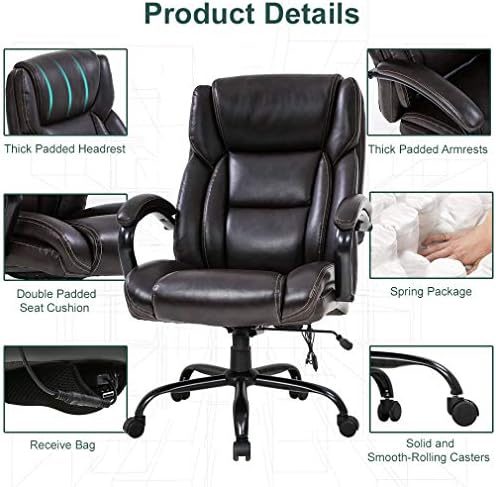 Big and Tall Office Chair 500lb Wide Seat Massage Desk Chair Ergonomic Computer Chair with Headrest Lumbar Support Armrest Rolling Swivel Chair Adjustable PU Leather Task Chair for Adults Women(Brown)