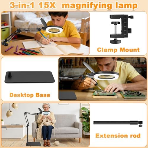 15X Magnifying Lamp with Light,5-Inch Optical Glass Lens, 3-in-1 Desk/Clamp/Floor Stand, LED Lighted Magnifier, Stepless Dimming for Close Work, Crafts, Repair, Reading, Sewing, Black