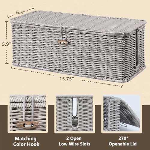 Cable Management Box, Cord Organizer with Lid & Cable Ties - Gray, L