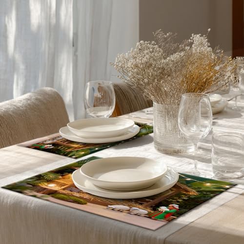 Shrahala Brown Christian Christmas Set Of 4 12 X 18 Inch Linen Placemats , Straw Yellow Black Holy Virgin Burlap Table Mat Washable Double Layered Heat Insulation For Indoor/Outdoor