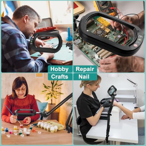 IVMAIE 12X Large Magnifying Glass with Light, Real Glass, 5 Color Modes Stepless Dimmable Magnifier with Stand, LED Lighted Clamp Desk Lamp with Swing Arm, Hands Free for Reading Crafts Close Work