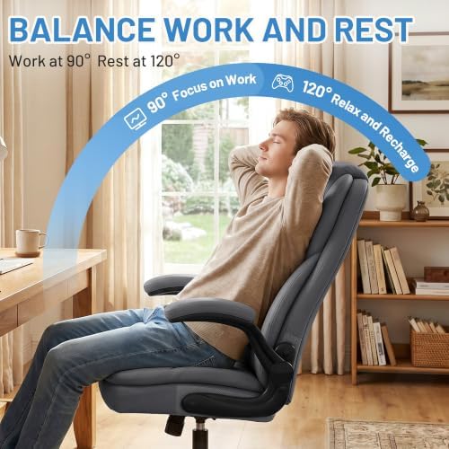 Ergonomic PU Leather Office Chair with Double-Layer Seat Cushion, Adjustable Armrest and Headrest, Reclining Backrest 360° Swivel Rolling Computer Desk Chair for Home Office Gaming Space, Gray