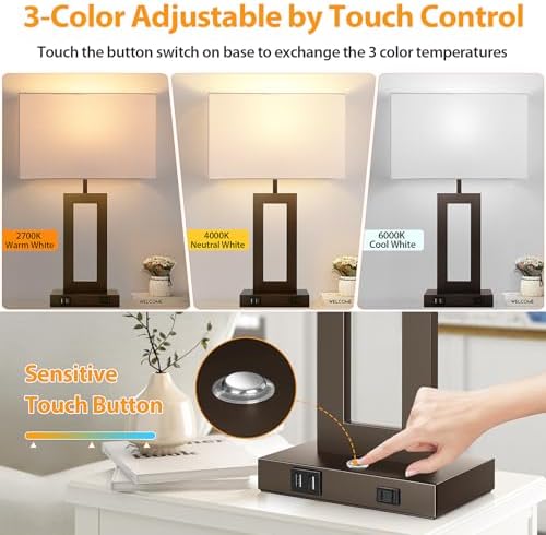 27.2’’ Tall Brown Table Lamps for Living Room Bedroom, Bedside Touch Control Lamps with 2 USB Ports&AC Outlet, 3 Color Temp.&Stepless Dimming Desk Lamp Sets for Home Office, Pre-assembled White Shade
