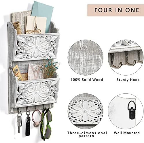 2-Slot Mail Organizer Wall Mount with 4 Hooks