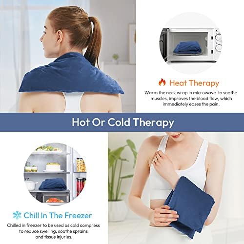 Microwavable Heating Pad with Washable Cover, 8 x 18 Microwave Heating Pad for Neck and Shoulders, Moist Heat Bean Bag Warm Compress for Knee, Joints, Wrist, Abdomen (Dark Blue)