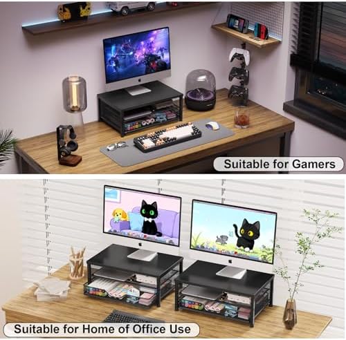 OPNICE Computer Monitor Stand Riser, Desk Organizer with Drawer, Printer & Laptop Stand, Office Desk Accessories & Workspace Desktop Organizers Storage for Office Supplies(Black 2-Pack)