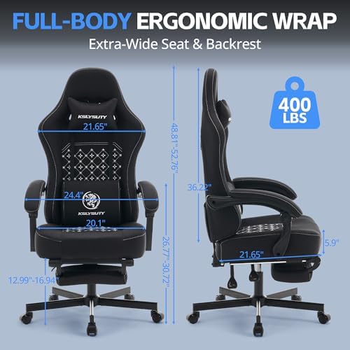 Office Desk Computer Gaming Chair for Adults, Ergonomic High Back Gamer Chair with Massage and Pocket Spring Cushion, Swivel Comfy Video Game Chairs with Footrest and Lumbar Support (Black)