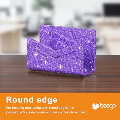 Beego Envelope and Mail Organizer Countertop - Glitter Purple Acrylic Desk Organizer Letter Holder Desktop File Sorter Bill Document Folder Rack for Office, Home, School Desk Organization