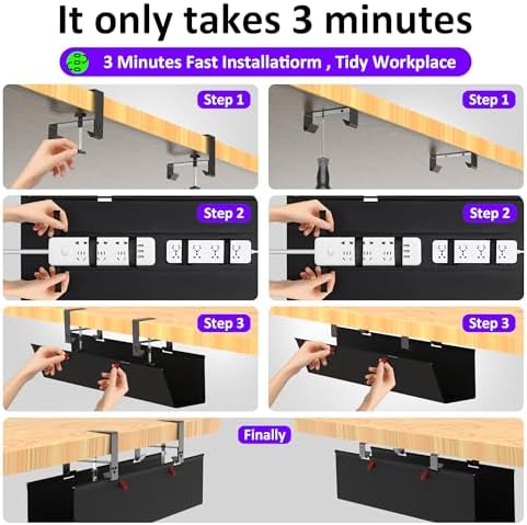 Under Desk Cable Management Tray - Under Desk Cord Management - Clamp/Screw Mount - Fabric Wire Management - Cable Raceways Tray Cord Hiders for Office/Home (Black, 28.6×5.6")