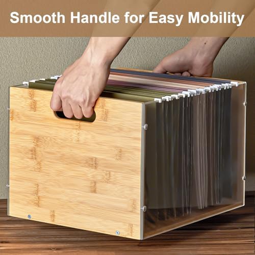 Sbanmao 3 Pack Hanging File Organizer, Acrylic File Box Organizer, Bamboo File Crate File Cabinet Storage Box, File Folder Organizer for Home Office Desk, Letter Size