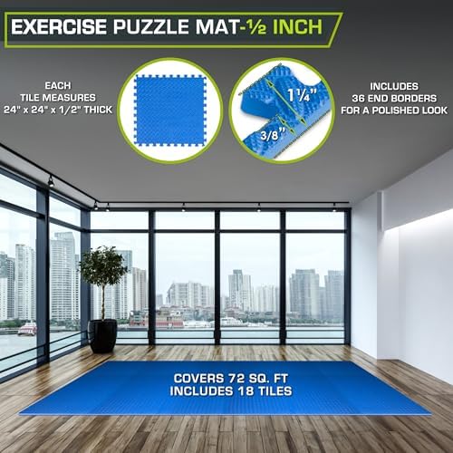 ProsourceFit Exercise Puzzle Mat 1/2-inch, EVA Interlocking Foam Floor Tiles for Home Gym, Workout Equipment, Kids Play Areas, Blue, 72 SQ FT - 18 Tiles