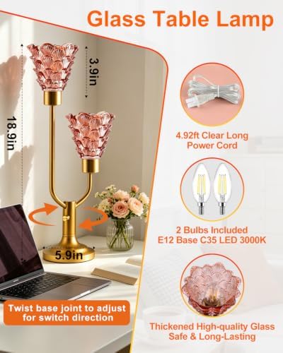 Lightdot Mid Century Modern Glass Table Lamp Dimmable Vintage Pink Lamp