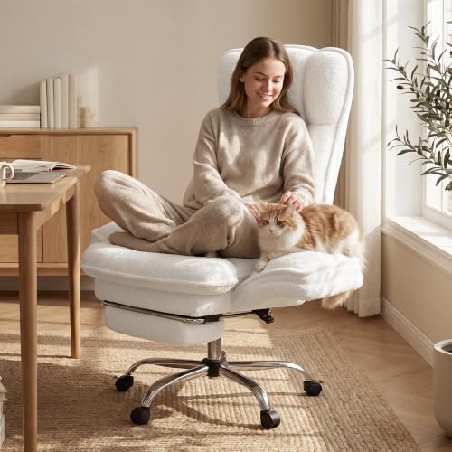 Criss Cross Office Chair with Flip Armrests, Big and Tall Criss Cross Chair with 6.7″ Plush Seat & Footrest, 135° Reclining Cross Legged Office Chair, Sherpa Fleece,White