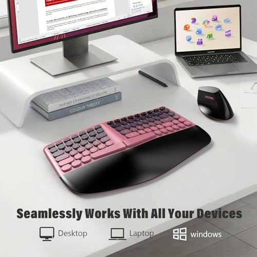 MOFII Wireless Ergonomic Keyboard and Mouse Combo, Split Curved Keyboard with Wrist Rest, Vertical Mouse, 2.4G, for PC Laptop Desktop Mac- Pink Gradient Colorful