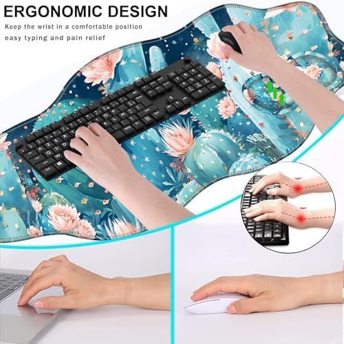 Mouse Pad with Wrist Support + Desk Mat + Coaster 3 in 1 Set, XXL Large Gaming Mousepad Ergonomic Mouse Pads for Desk Computer Laptop Office,Cute Cactus