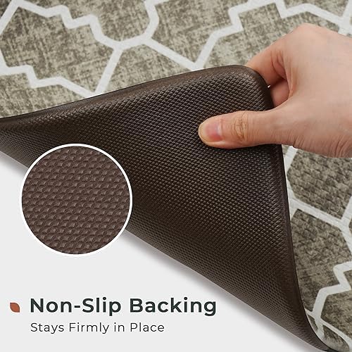 FRESHMINT Kitchen Mat Set of 2, Anti-Fatigue Cushioned Kitchen Mats for Floor, Waterproof Non Slip Comfort Standing Mat, Boho Kitchen Rug for Kitchen Decor, Sink, Office, 17"x30"+17"x47", Khaki Tan