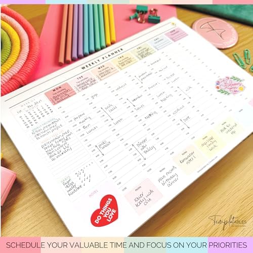 Weekly Hourly Planner Notepad, Daily Planner Desk Pad, Weekly Schedule, To Do List Note Pad, ADHD Planner | 50 Undated Tear Away Sheets | A4 (Rainbow)