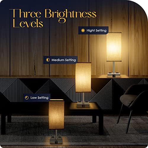 Bedside Lamp with USB Ports - Touch Control Table Lamp for Bedroom with USB C+A Charging Ports & AC Outlets, 3 Way Dimmable Nightstand Light for Living Room (LED Bulb Included, Chrome - Grey)