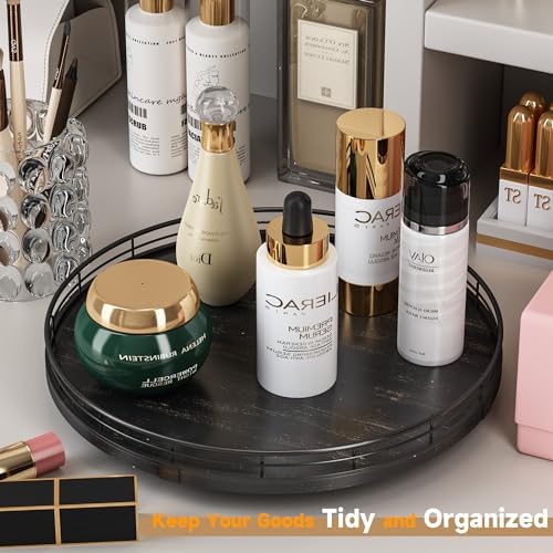 AMH 13-Inch Oak Lazy Susan Vanity Tray with Black Brushed Gold Finish Rail
