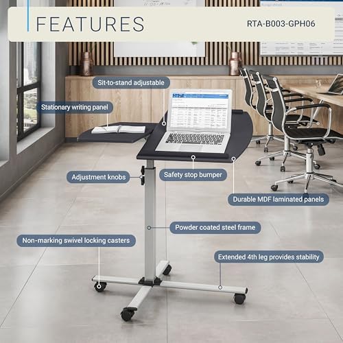 Techni Mobili Adjustable Height Rolling Laptop Cart w/ Tilting Top Graphite
