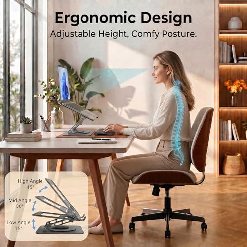 Aluminum Laptop Stand for Desk, Heavy Duty Computer Stand with 360° Rotating Base, Ergonomic Adjustable Height Notebook Riser, Compatible with MacBook Pro/Air, Dell, HP, 10-17” Laptops - Grey