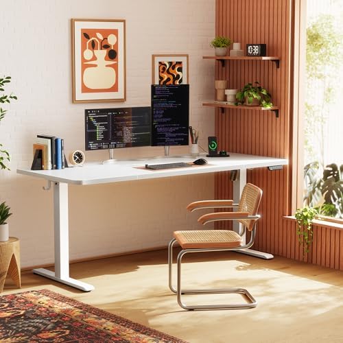 Huuger 63 X 24 Inch Electric Standing Desk with Power Outlets and USB-C Port, Height Adjustable Desk, Sit Stand Desk for Home Office, Computer & Gaming Desk with 3 Presets, Stable Steel Frame, White