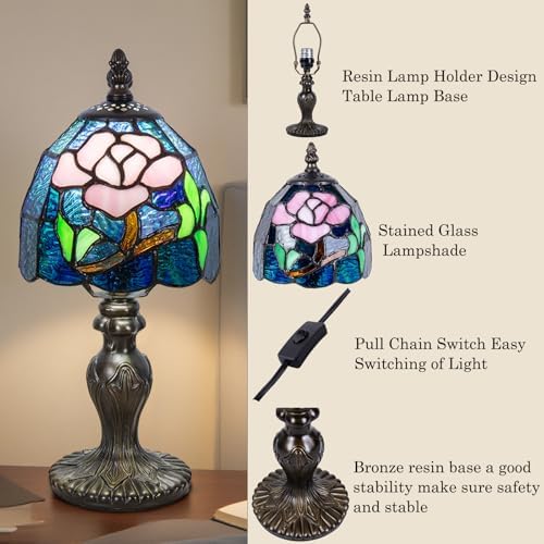 Small Tiffany Table Lamp, 3 Color-Temperature Roses Stained Glass Lamp,6 Inch Tiffany Style Lamp for Bedroom Living Room Home, Handcrafted Light, Included Bulb (Blue)