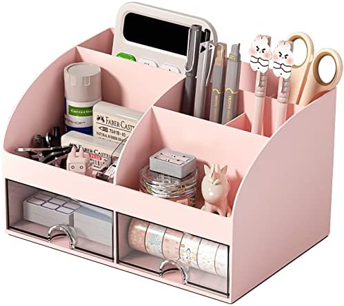 COMFYROOM Desk Organizer with 6 Compartments and 2 Drawers, Plastic Makeup Organizer, Pen Holder for Desktop Storage, Desk Organization for School, Home, Office Supplies (Pink)