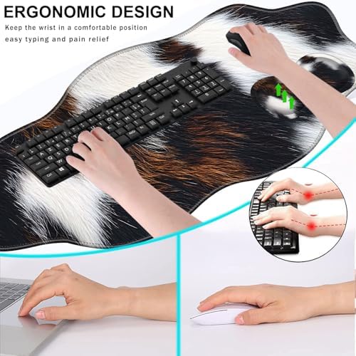 Mouse Pad with Wrist Support + Desk Mat + Coaster 3 in 1 Set, XXL Large Gaming Mousepad Ergonomic Mouse Pads for Desk Computer Laptop Office,Cute Cowhide Brown Black Cow