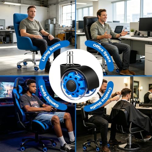 Blue Office Chair Casters, 2 Inch Heavy-Duty Rubber Chair Casters Replacement, Computer Gaming Desk Chair Casters Wheels-Set of 5, Smooth Rolling for Hardwood Carpet Tile Floors, 11*22mm Universal fit