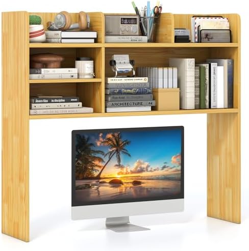 GIANTEX Desktop Bookshelf, 37" Desk Hutch Dorm for Computer Up to 32 Inch, Countertop Hutch w/6 Storage Shelves, 3-Tier Desktop Organizer Display Rack, Wood Desk Shelf for Home Office (Burlywood)